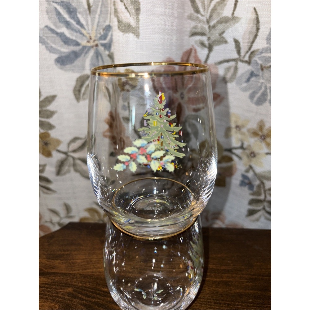 8 Spode Christmas Tree Stemless Wine/Cocktail Glass Holiday Gold Trim - Picture 4 of 5